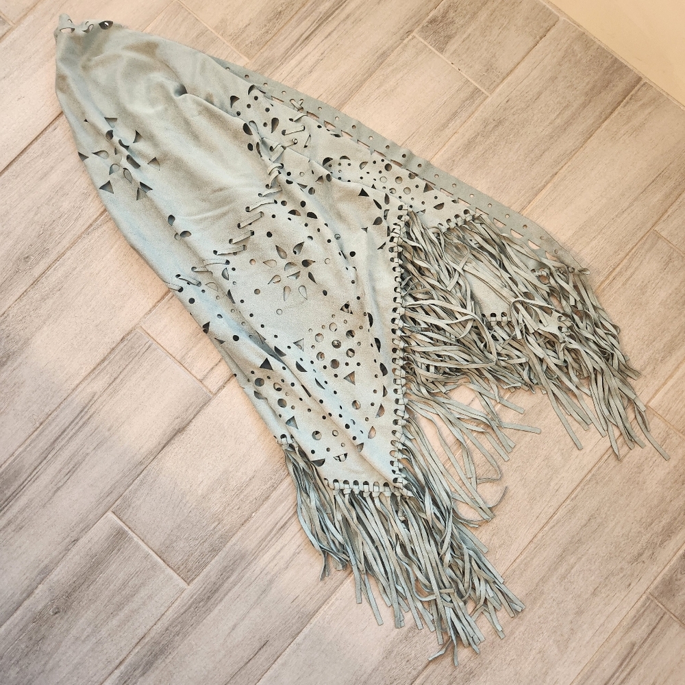 Origami shawl sage green pastel laser cut out fringe triangle scarf boho new